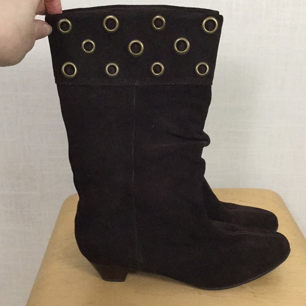 Madison brown suede boots with brass grommets